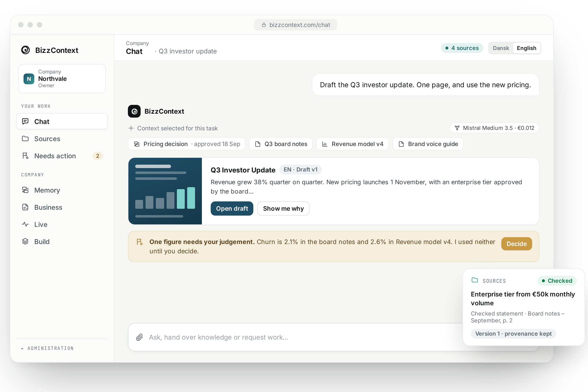 BizzContext Chat bringing company sources and a human decision into one answer
